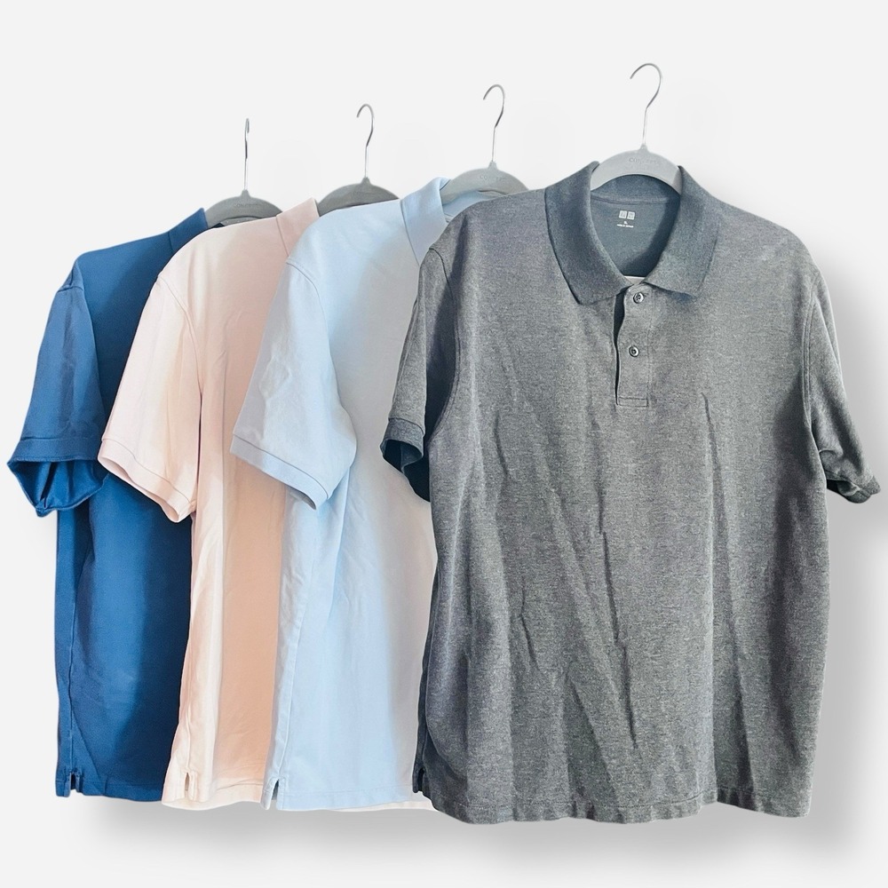 Lot of 4 Uniqlo Polo Shirt Adult XL Short Sleeve Knit Men's Blue Gray‎ Cream